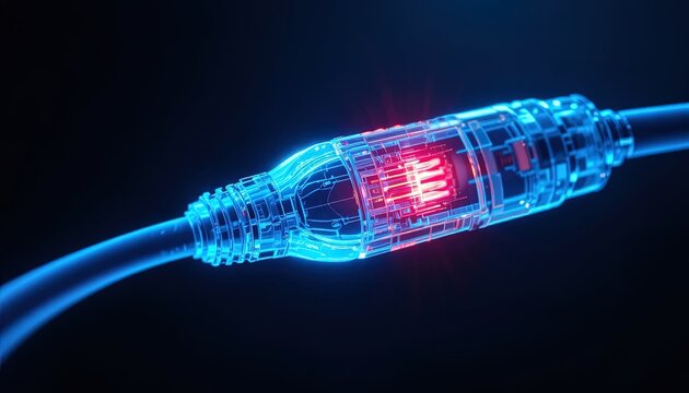 Close-up illustration of a transparent blue ethernet cable connector with glowing red pins against a dark background