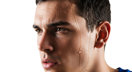 Fototapeta premium A close-up portrait of a sweaty young man with a determined expression American USA soccer player in the 2026 soccer world championship. Transparent white background.