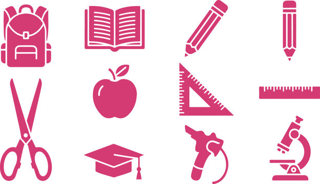 Colorful flat design icons representing essential school and study supplies for educational materials and presentations