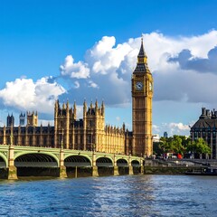 Fototapeta premium A sunny day reveals a famous clock tower beside a grand building, connected by a bridge over calm water. A clear, bright sky adds to the scenery