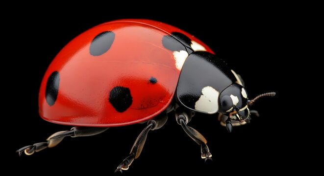 Close-up macro of a red ladybug with black spots, against a stark, black background