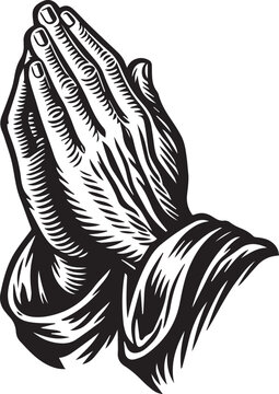 Praying hands in detailed woodcut or engraved style, reverent and spiritual black and white vector illustration
