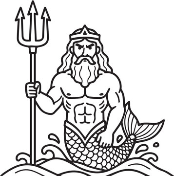 Poseidon Rising from Waves, Mythological Line Art Style Black and White Vector Illustration
