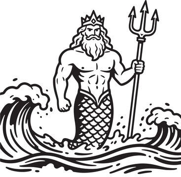 Poseidon Commanding Ocean Waves, Vintage Engraving Style Black and White Vector Illustration
