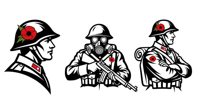 Soldiers with poppies on their uniforms isolated on white background