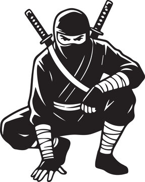 Crouching Ninja with Dual Katanas on Back, Bold Silhouette Style Black and White Vector Illustration
