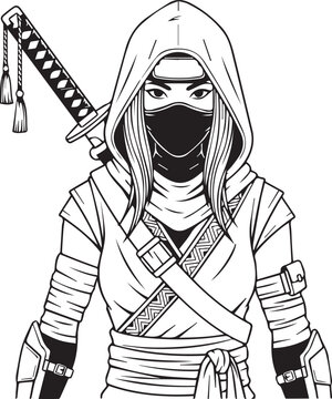 Female Ninja Assassin in Hooded Robe with Katana, Detailed Line Art Style Black and White Vector Illustration
