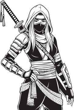 Female Ninja Assassin in Hooded Robe with Katana, Detailed Line Art Style Black and White Vector Illustration
