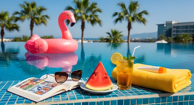 Tropical poolside relaxation pink flamingo watermelon and summer drinks