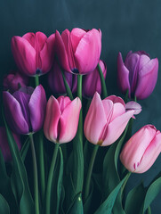 Fototapeta premium Pink and purple tulips close-up on dark background, vertical copy space for elegant spring posters.