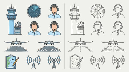 Collection of aviation-themed icons depicting air traffic control tower, radar, pilots, airplanes on runways, flight plan clipboard, and radio towers. © renender