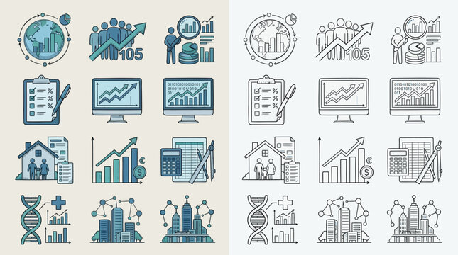 A collection of flat design icons representing business growth, finance, and data analysis, presented in both color and outline versions.
