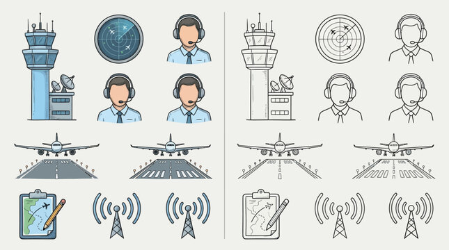 Collection of aviation-themed icons depicting air traffic control tower, radar, pilots, airplanes on runways, flight plan clipboard, and radio towers.