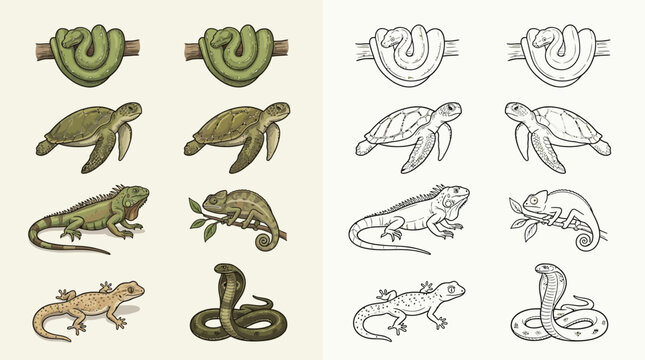 A collection of detailed illustrations of various reptiles, including snakes, turtles, iguanas, chameleons, and geckos, presented in both color and line art.