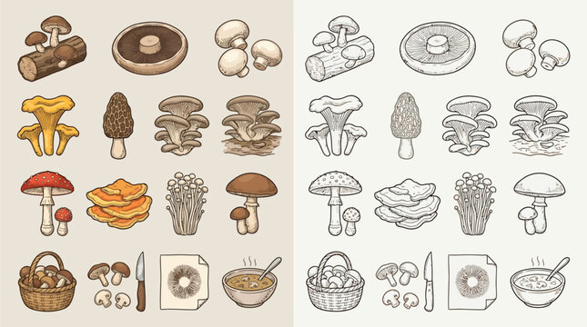 A comprehensive collection of various mushroom illustrations, showcasing different species and culinary uses in both color and monochrome.