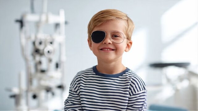 Boy with eye patch at clinic