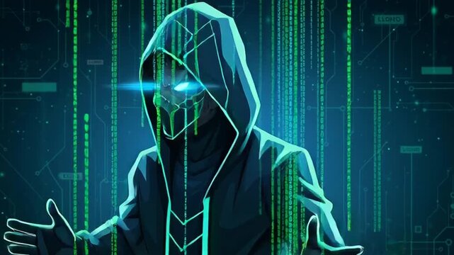 Hacker in hoodie with glowing blue eyes.