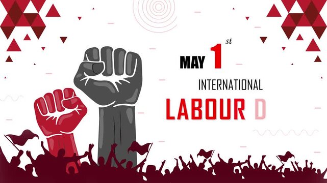 May 1st International Labour Day animation, red color abstract background with geometric design, workers unity and gaining human rights, cheering people with flags in rally, raising fist, global labor
