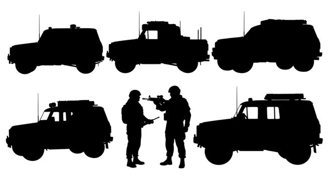Military Vehicle and Soldier Silhouettes Vector Illustration Set