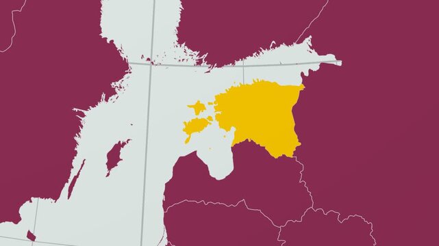 Estonia map. Animated zoom into the country on the Globe in Pale Mint Dark Pink color palette. Country logo animation with round text and airplanes. Map with meridians, parallels. Elegant video.