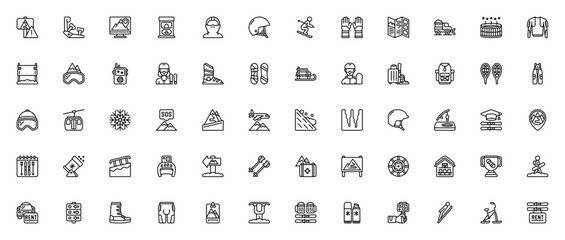 Ski Resort icon set. Vector illustration featuring skier, equipment, mountain, snowflake, lodge, lift, helmet, goggles and more. Editable stroke icons. © wang