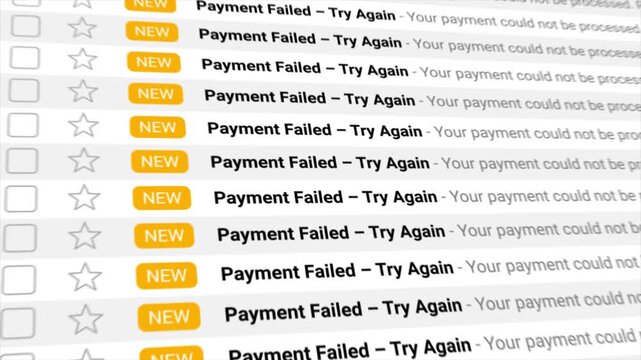 Payment Failed - Try Again notifications stream endlessly, dominating a digital interface. Visually represents online transaction failures, financial challenges, and critical system errors.