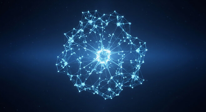 Abstract digital glowing network sphere with interconnected lines and dots on a dark blue background, representing data or technology
