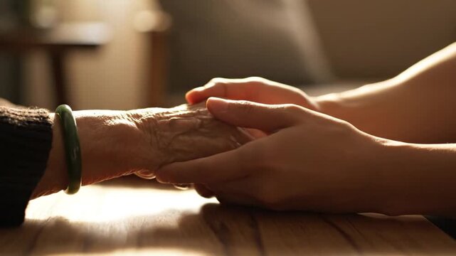 Close-up of elder's wrinkled hand reaching out to another person's hand across a table