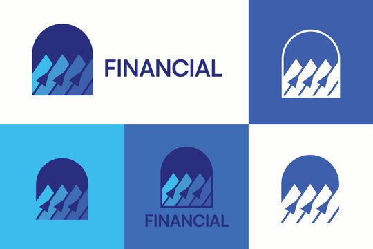 Financial logo with arch and upward arrows in blue tones. Symbolizes growth, progress, and stability, perfect for branding in finance, investment, and corporate identity.