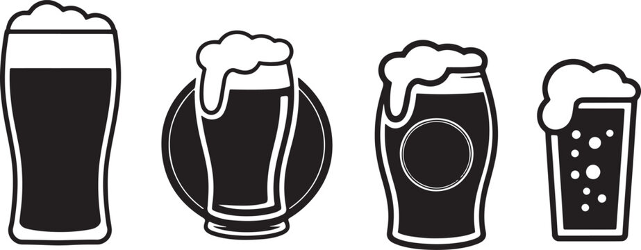 4 Beer glasses with foam set of black and white silhouette vector icons