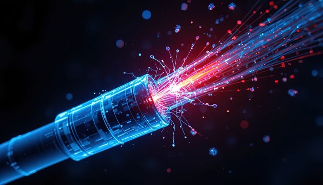 Fiber Optic Cable Transmitting Data, Glowing Blue and Red, Abstract Digital Illustration for Backgrounds and Technology Concepts