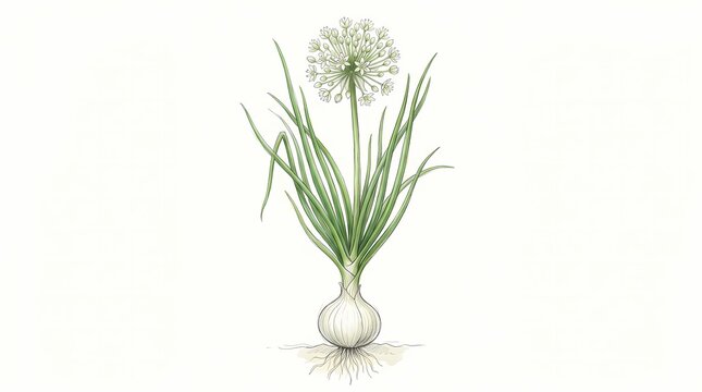 Vivid botanical illustration of an onion plant in full bloom, showcasing its intricate bulb, green leaves, and delicate flower head with detailed roots