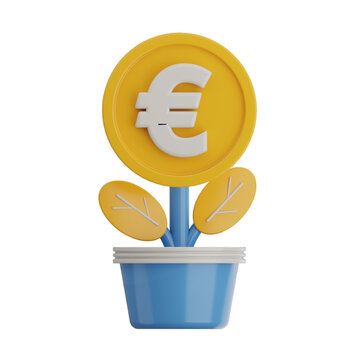 A plant with euro coins as leaves growing from a pot, symbolizing financial growth and investment potential.