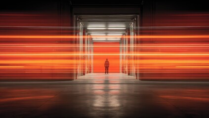 Fototapeta premium Lone figure in a brightly lit, motion-blurred corridor