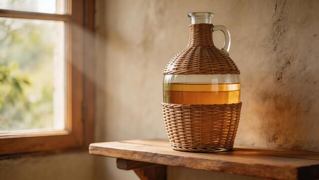 Wicker jug with liquid on wooden shelf