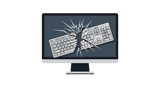 Broken Computer Monitor with Keyboard Smashed into Screen Illustration