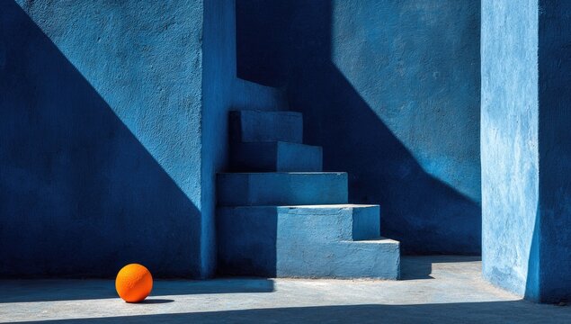 Bright orange orb rests on a sun-drenched floor next to blue stairs