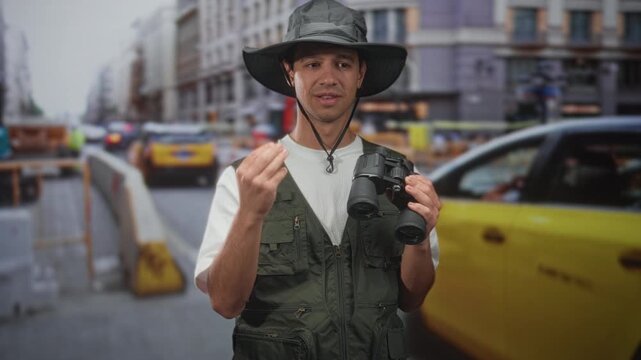 Man in explorer hat holds binoculars and makes a pinching hand gesture while wearing a green utility vest and chinstrap on a busy street; curiosity exploration.