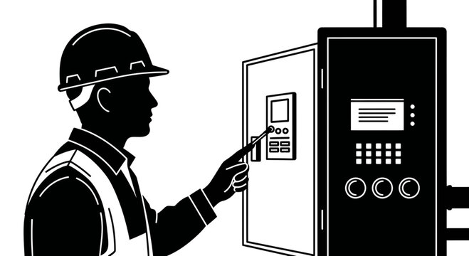 Industrial Worker Operating Control Panel Vector Illustration