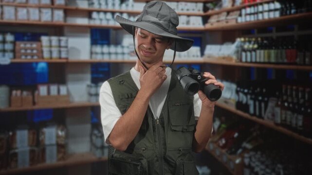 Man with explorer hat holds binoculars and touches neck in a shop aisle lined with bottles and jars; curiosity.