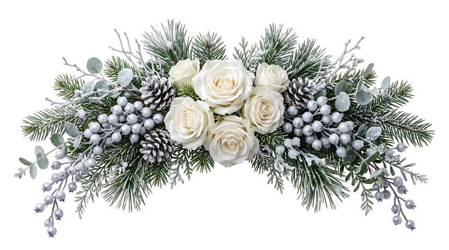 Winter floral centerpiece with white roses, frosted pine branches, silver berries, and pinecones on a white background 