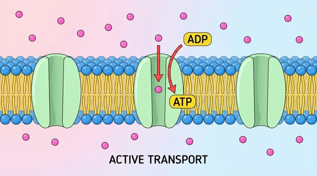 Detailed Illustration of Active Transport Through Cell Membrane Biology Concept