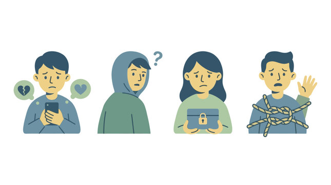 Illustrations depicting various emotional and social struggles including heartbreak, confusion, privacy concerns, and feeling trapped by modern life.