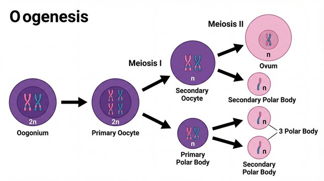 Educational Detailed Oogenesis Process and Meiosis Stages Diagram Illustration