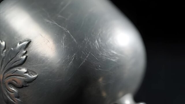 Closeup of an antique silver jug with intricate leaf engraving.