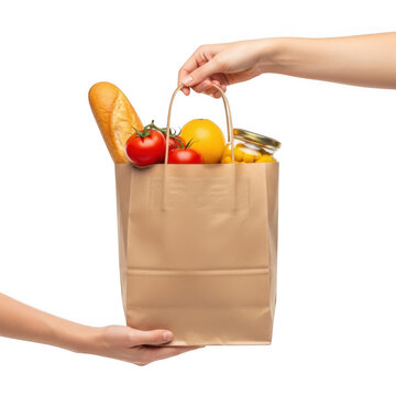 A brown paper bag filled with fresh produce and bread