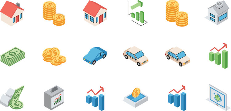 &ldquo;Isometric vector illustration of financial icons including property, coins, charts, cars, and digital screens representing economic growth and investment&rdquo;