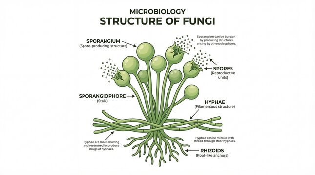 Detailed Labeled Scientific Illustration Structure of Fungi Biology Educational Diagram