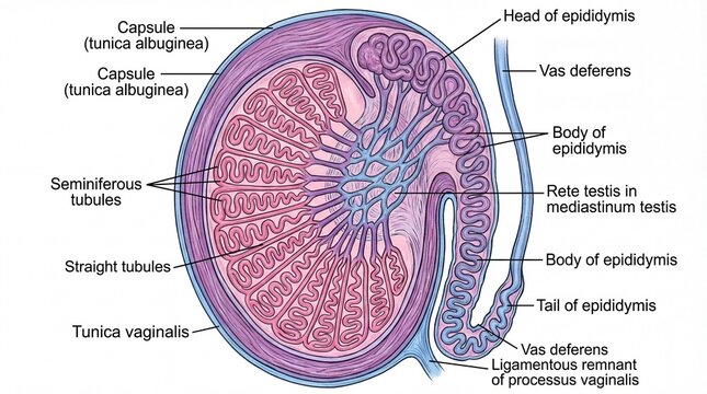 Detailed Anatomical Illustration of the Testis and Epididymis Structure in Cross Section