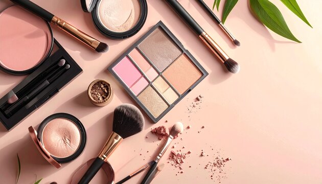 flat lay of a makeup artist's kit with brushes and palettes on a soft pastel 